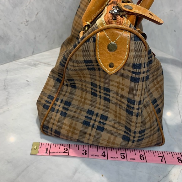 Kirino Collection plaid tan and navy leather bag roomy with inside pocket - Picture 16 of 16